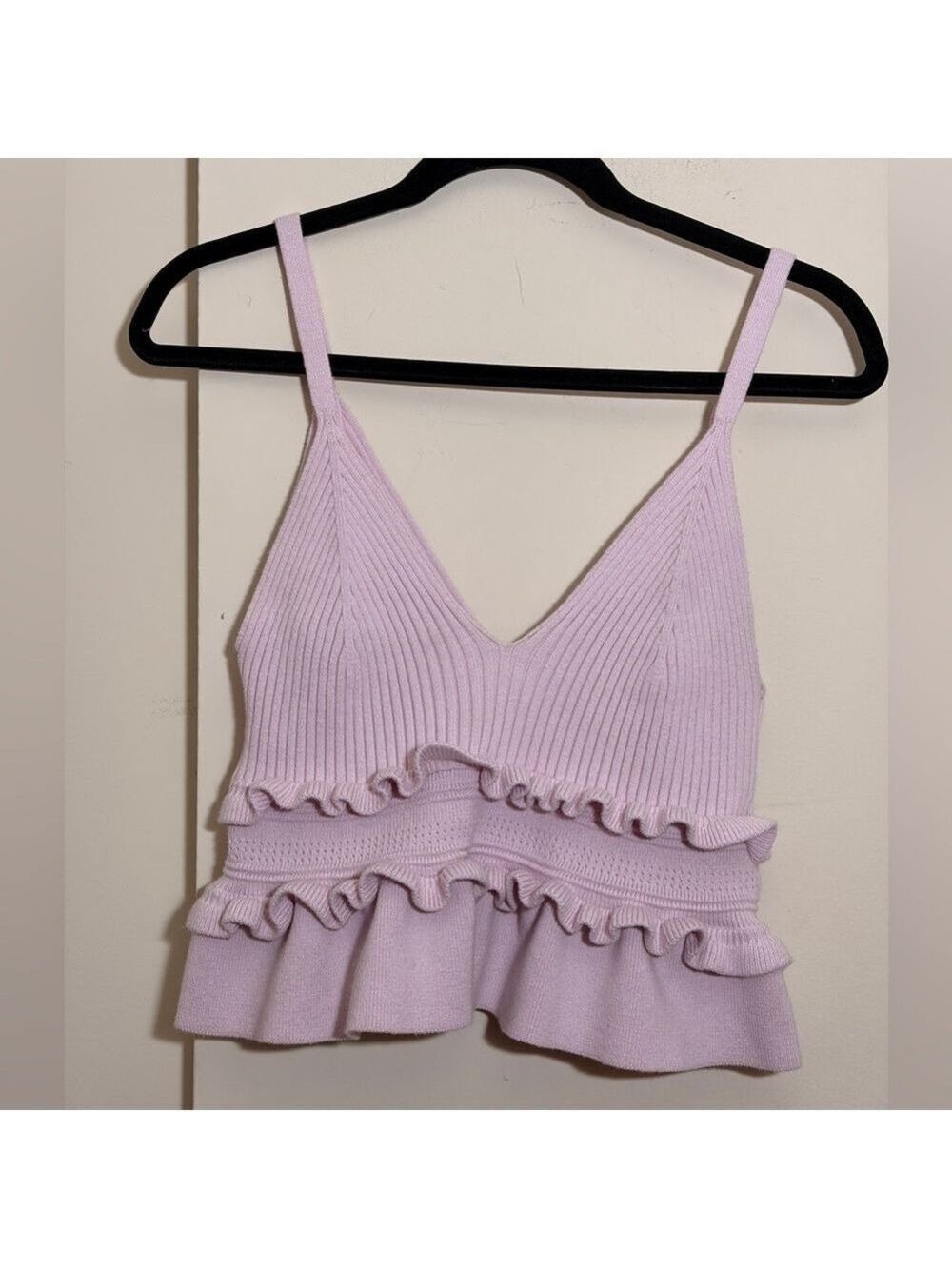 BCBGeneration Lilac Purple Ribbed Knit Peplum Sweater Top Layer Tiered Ruffle L